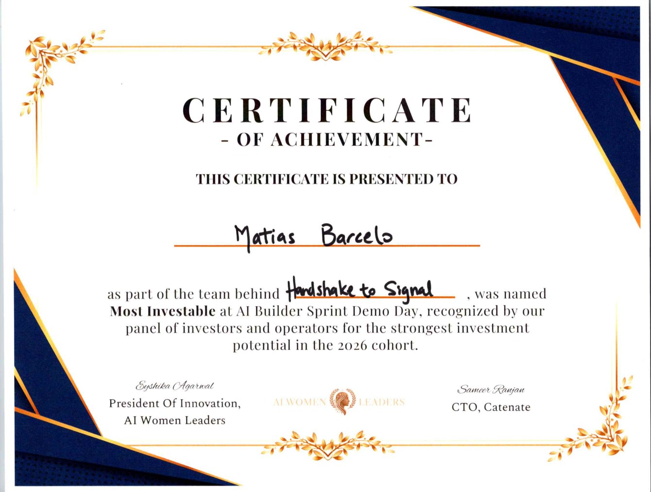 Certificate of Achievement for Most Investable, presented to Matias Barcelo