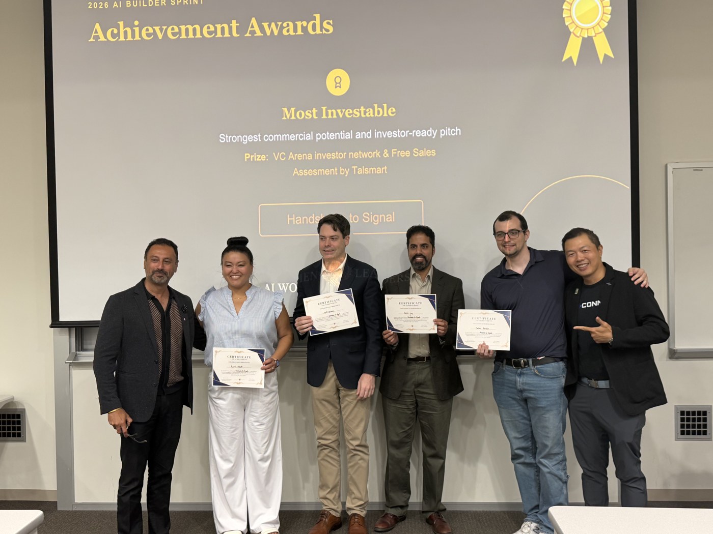 Receiving the Most Investable award at the AI Builder Sprint Demo Day